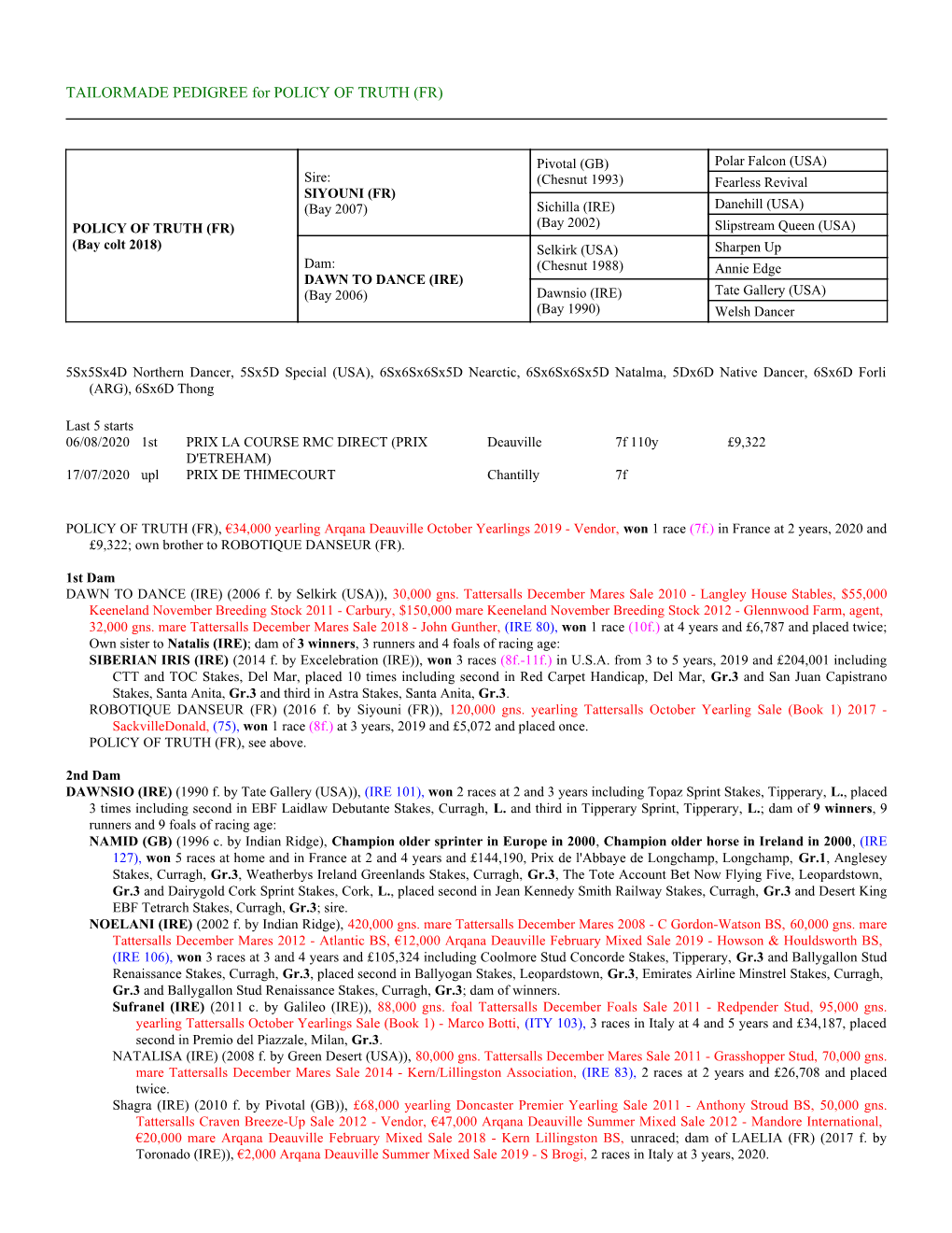 TAILORMADE PEDIGREE for POLICY of TRUTH (FR)