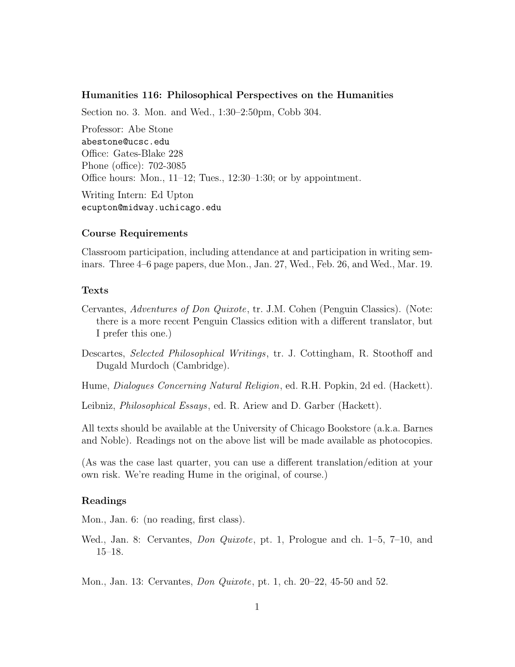 Humanities 116: Philosophical Perspectives on the Humanities Section No