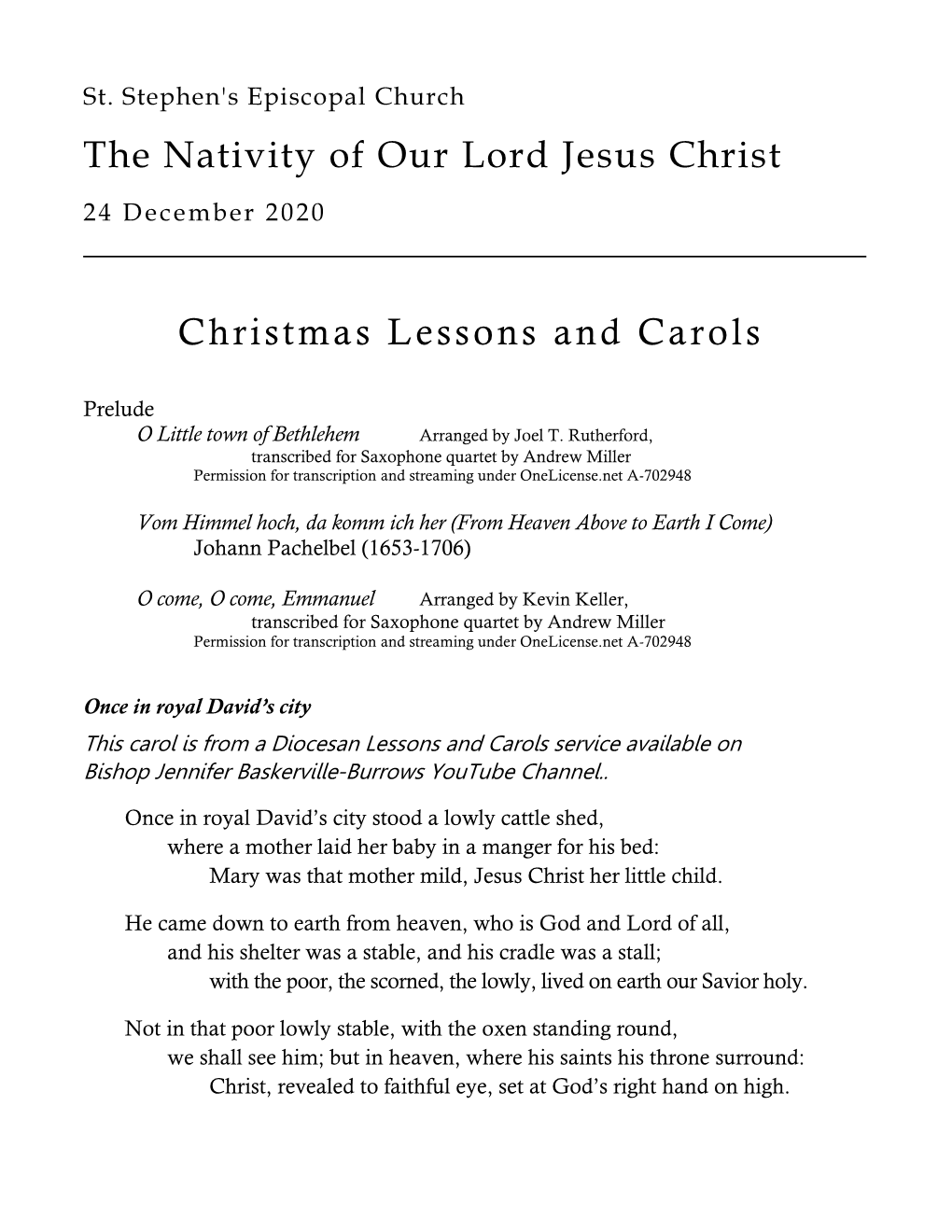 Christmas Lessons and Carols the Nativity of Our Lord Jesus Christ