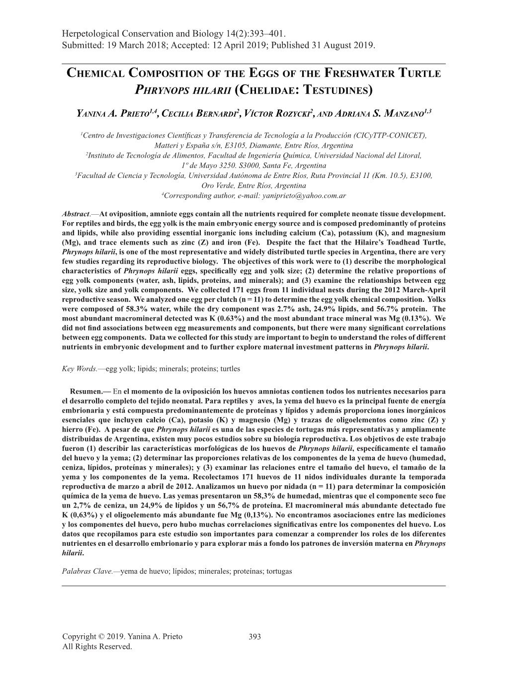 Chemical Composition of the Eggs of the Freshwater Turtle Phrynops Hilarii (Chelidae: Testudines)