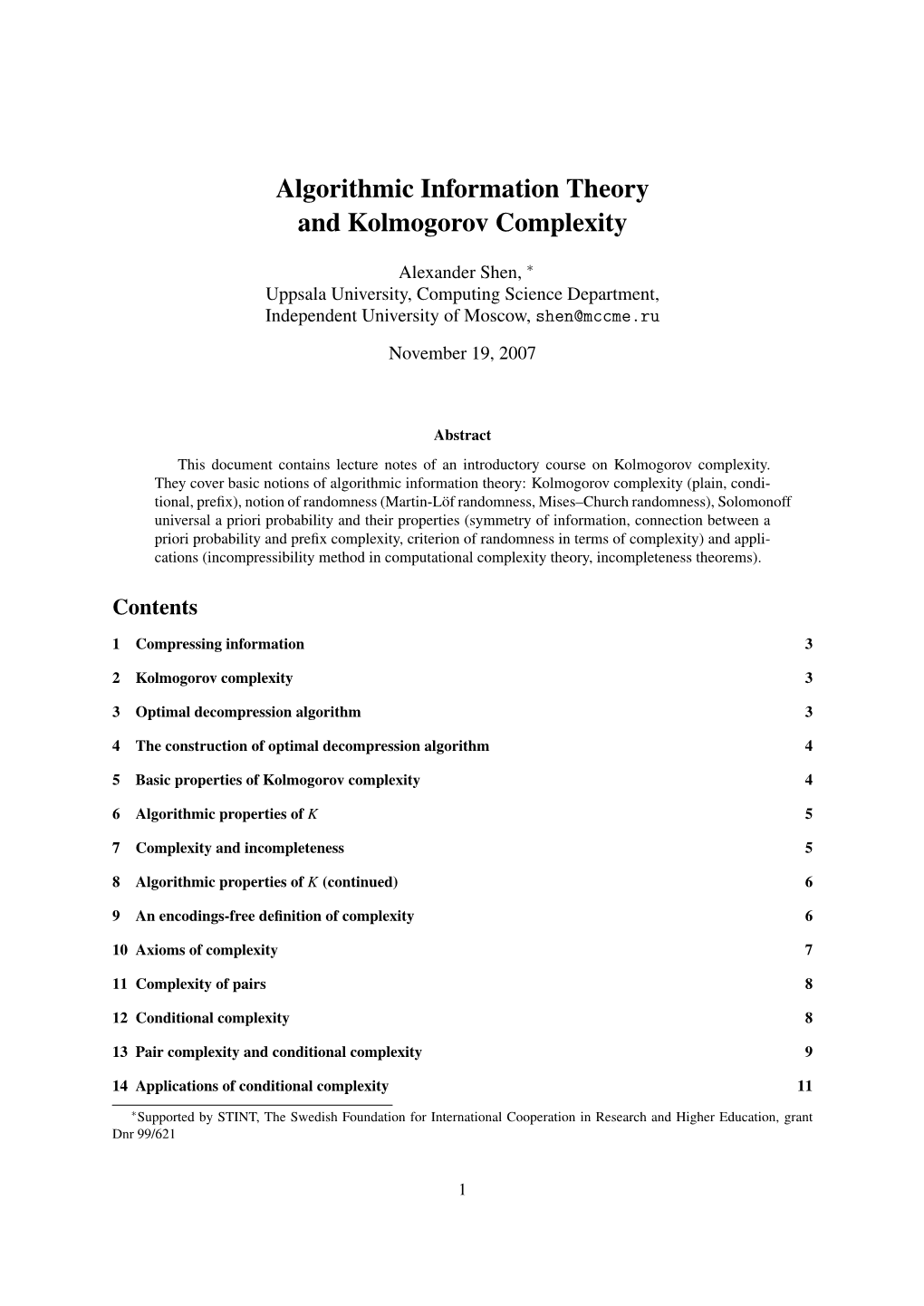 Algorithmic Information Theory and Kolmogorov Complexity
