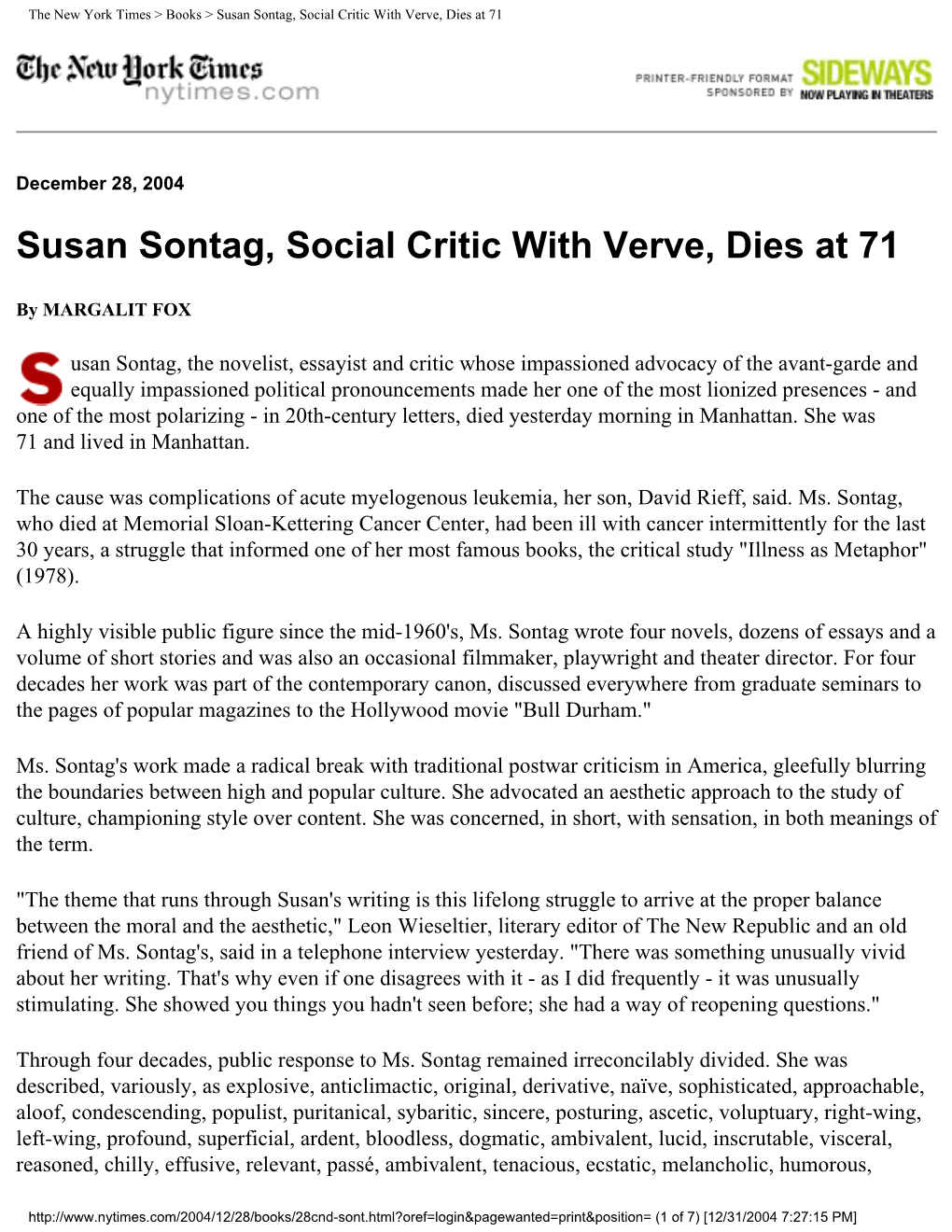 The New York Times > Books > Susan Sontag, Social Critic with Verve, Dies at 71