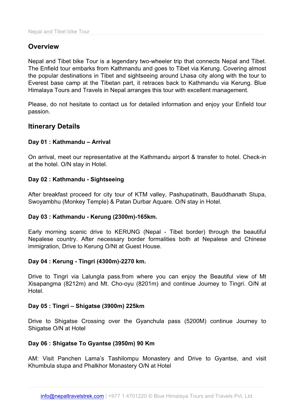 Overview Itinerary Details
