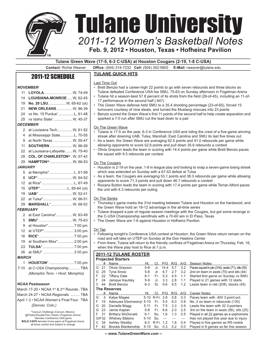 Tulane University 2011-12 Women’S Basketball Notes Feb