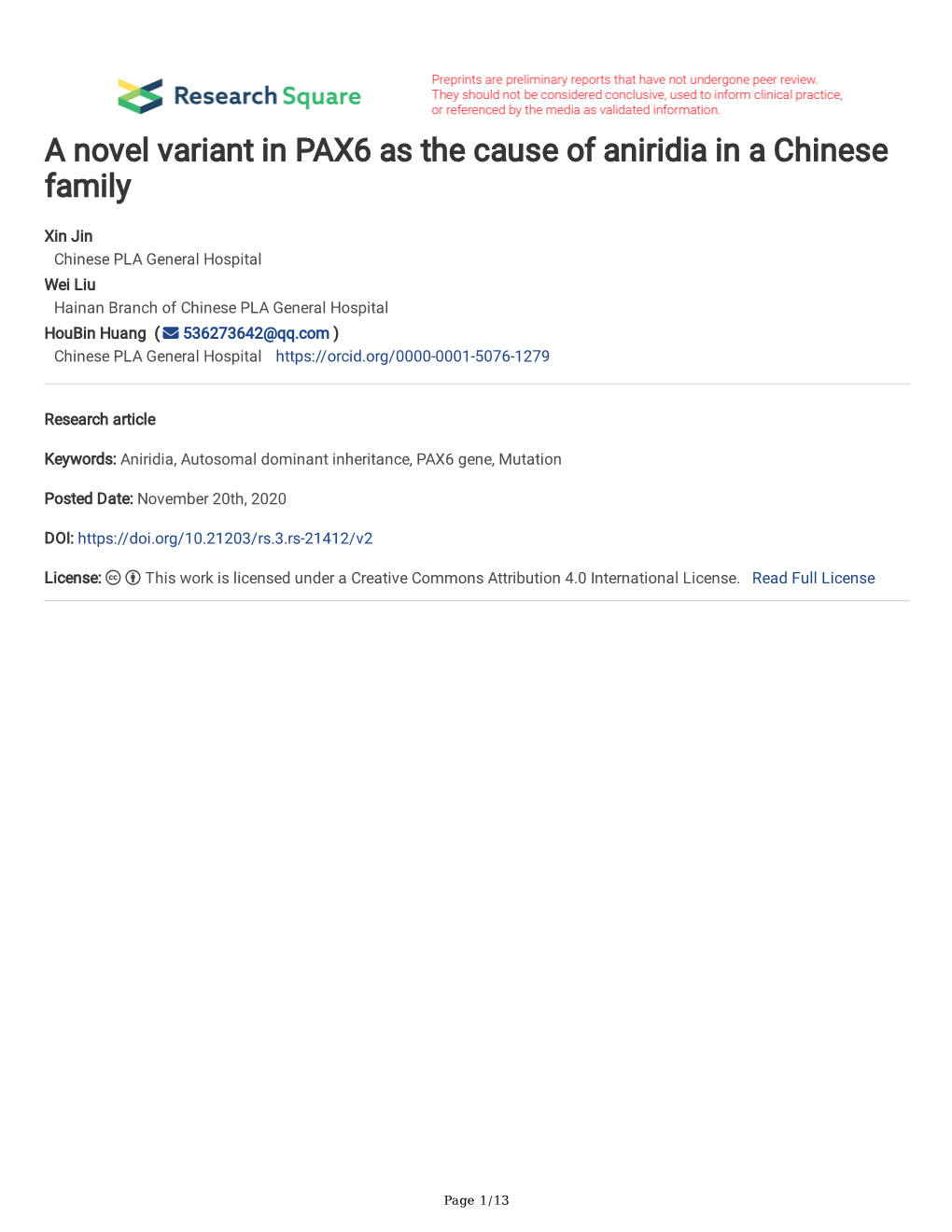 A Novel Variant in PAX6 As the Cause of Aniridia in a Chinese Family
