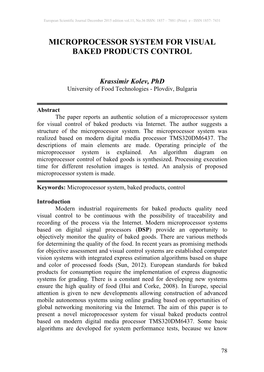 Microprocessor System for Visual Baked Products Control