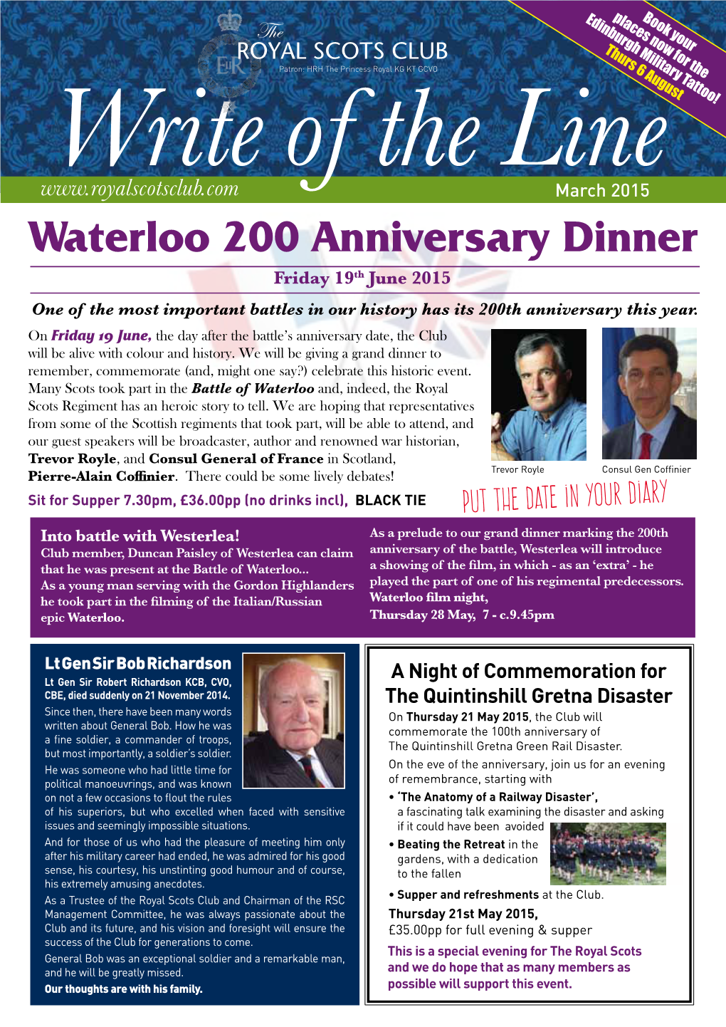 Waterloo 200 Anniversary Dinner Friday 19Th June 2015 One of the Most Important Battles in Our History Has Its 200Th Anniversary This Year