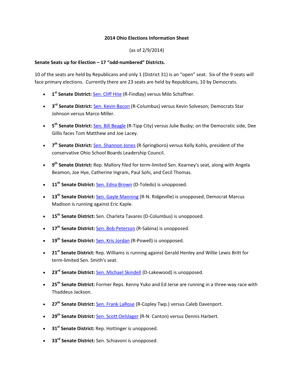 2014 Ohio Elections Information Sheet (As of 2/9/2014) Senate Seats Up