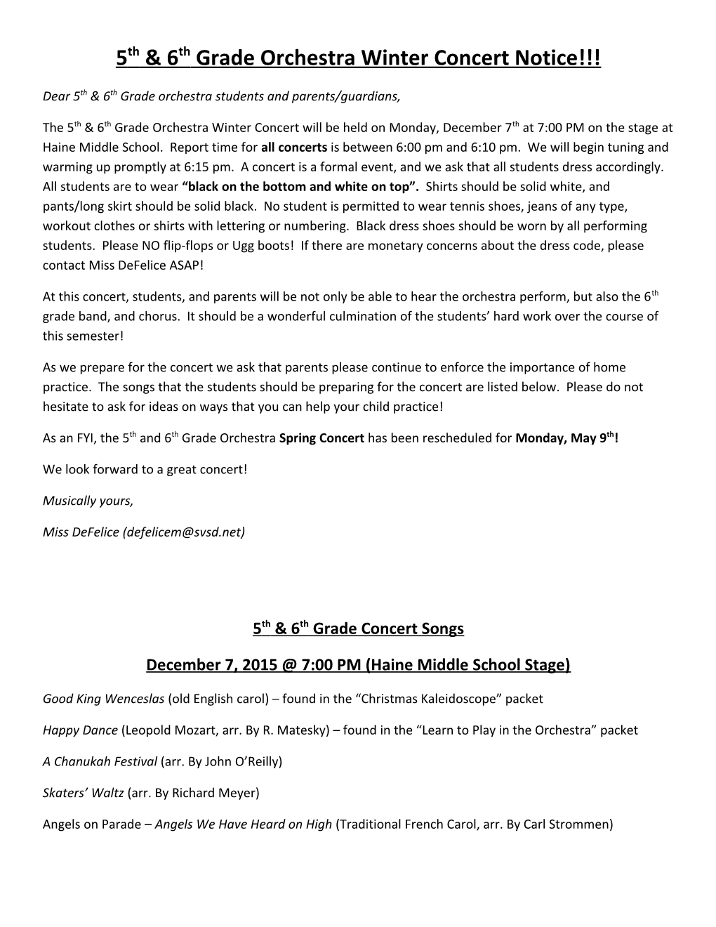 5Th & 6Th Grade Orchestra Winter Concert Notice