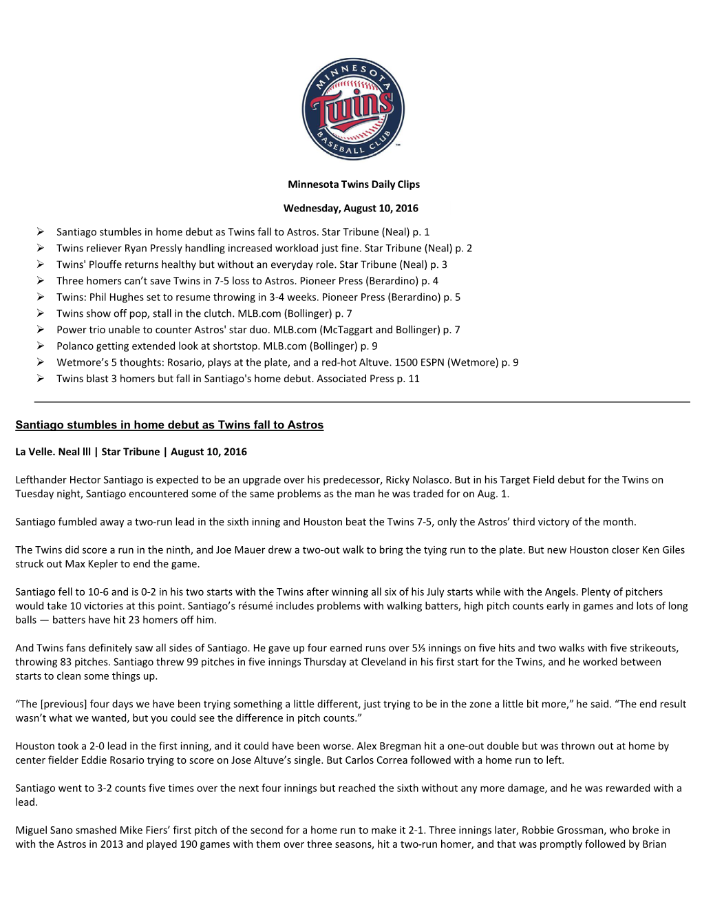 Minnesota Twins Daily Clips Wednesday, August 10