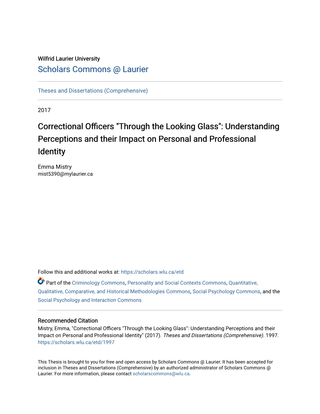 Correctional Officers "Through the Looking Glass": Understanding Perceptions and Their Impact on Personal and Professional Identity