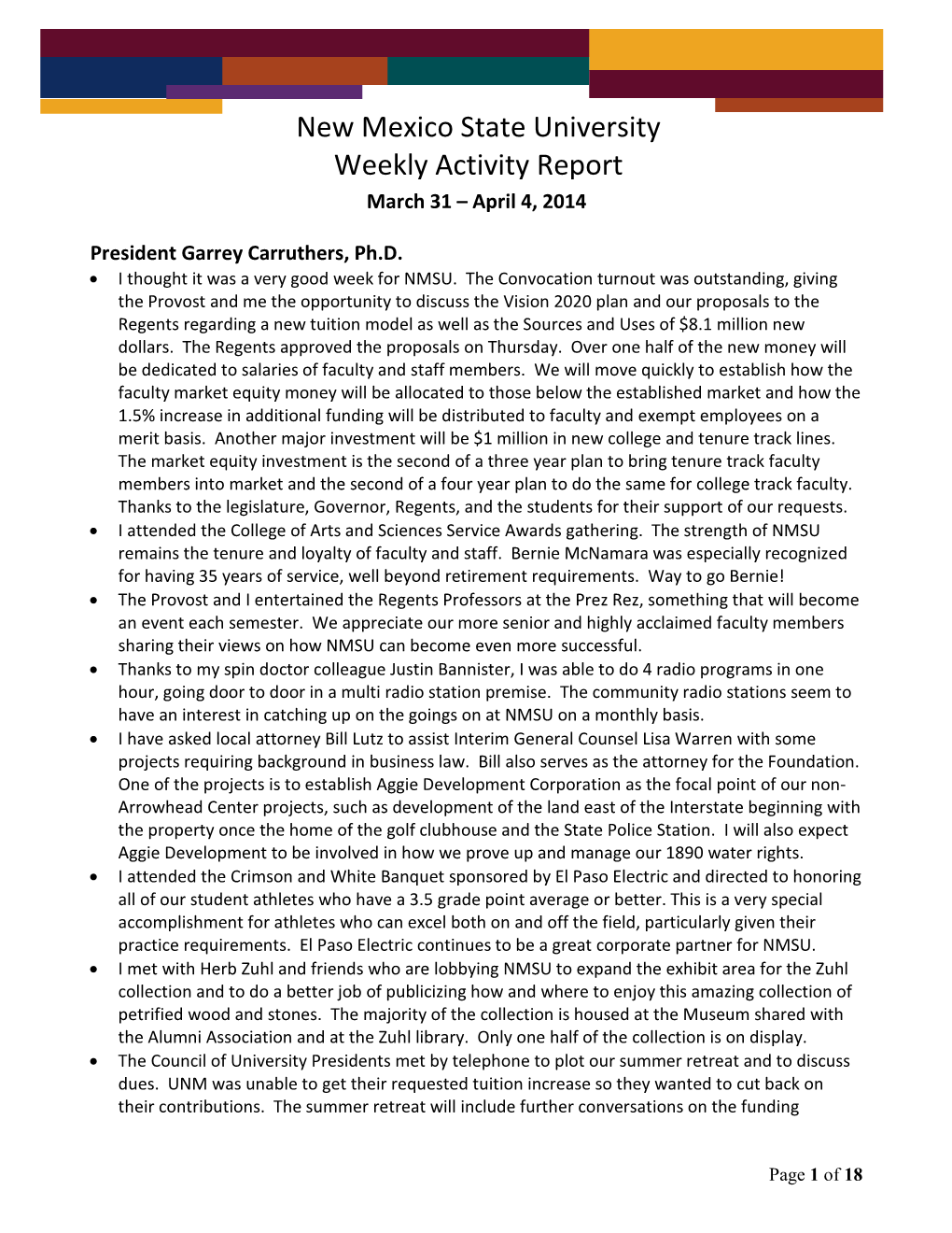 New Mexico State University Weekly Activity Report