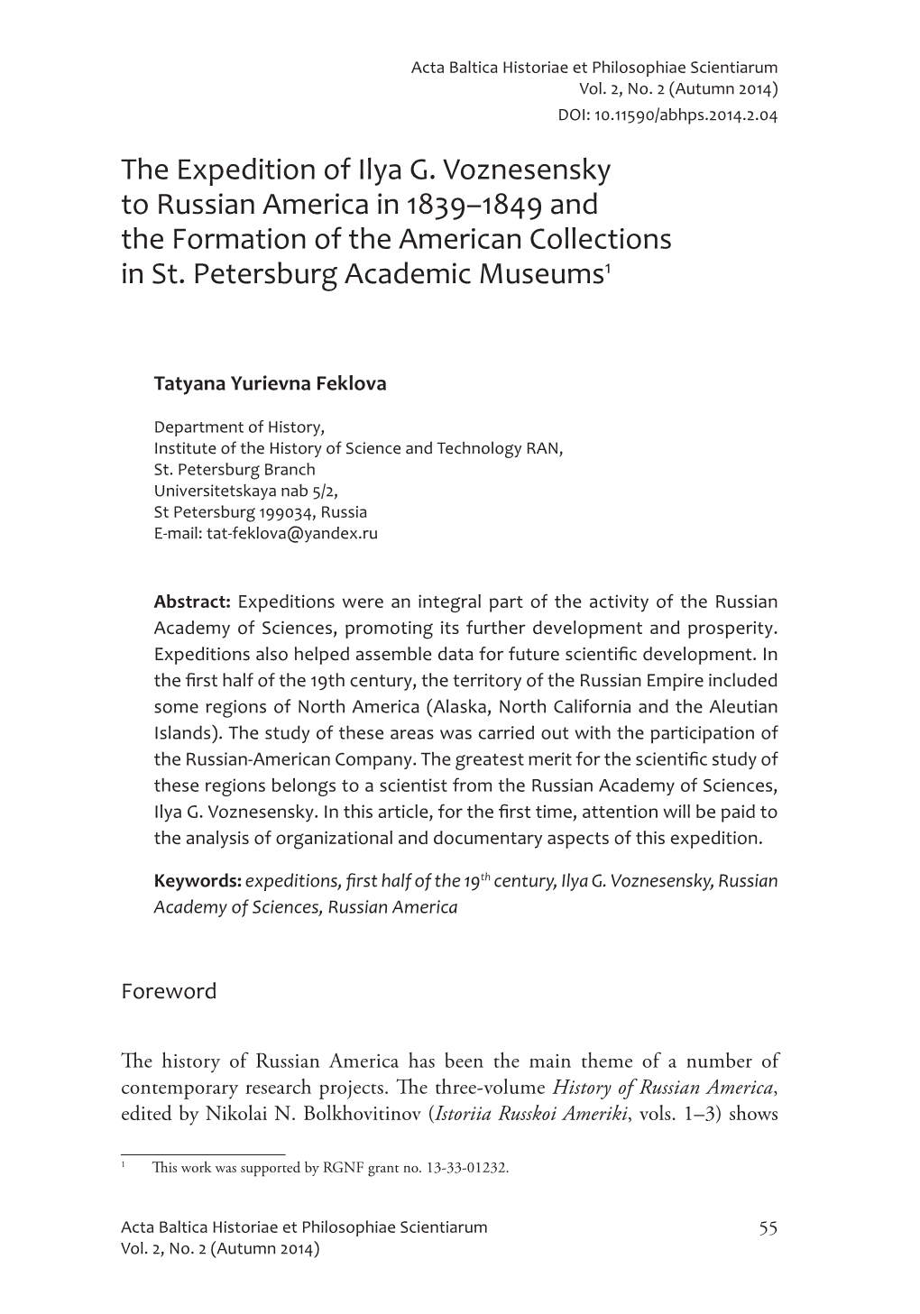 The Expedition of Ilya G. Voznesensky to Russian America in 1839–1849 and the Formation of the American Collections in St