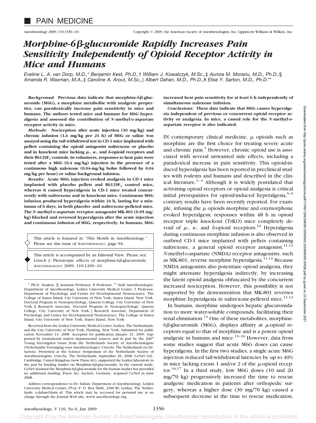 Morphine-6 -Glucuronide Rapidly Increases Pain Sensitivity