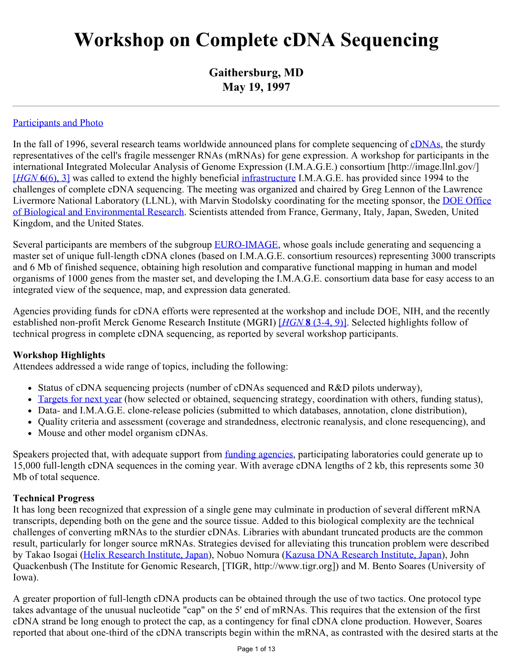 Workshop on Complete Cdna Sequencing