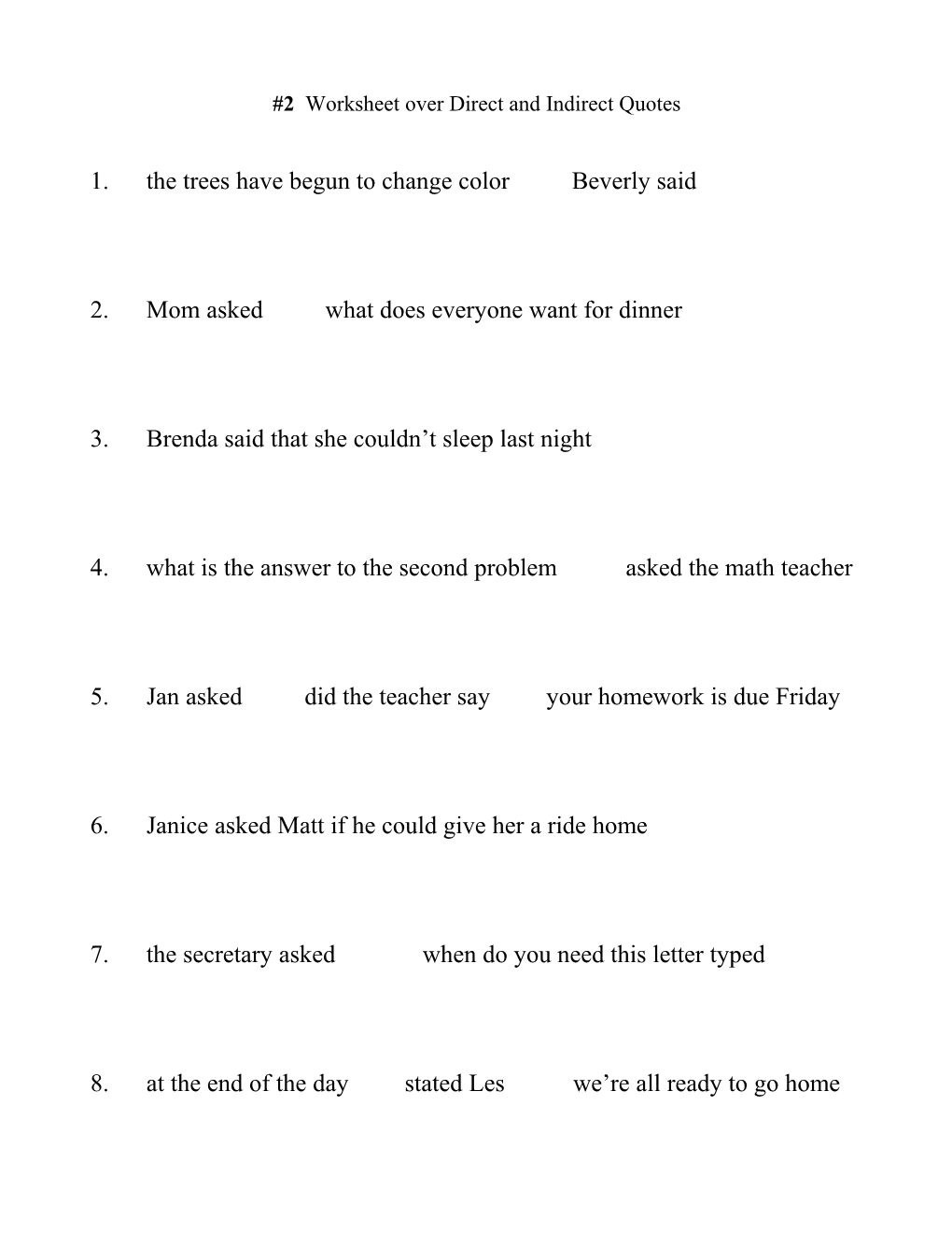 Worksheet Over Direct and Indirect Quotes