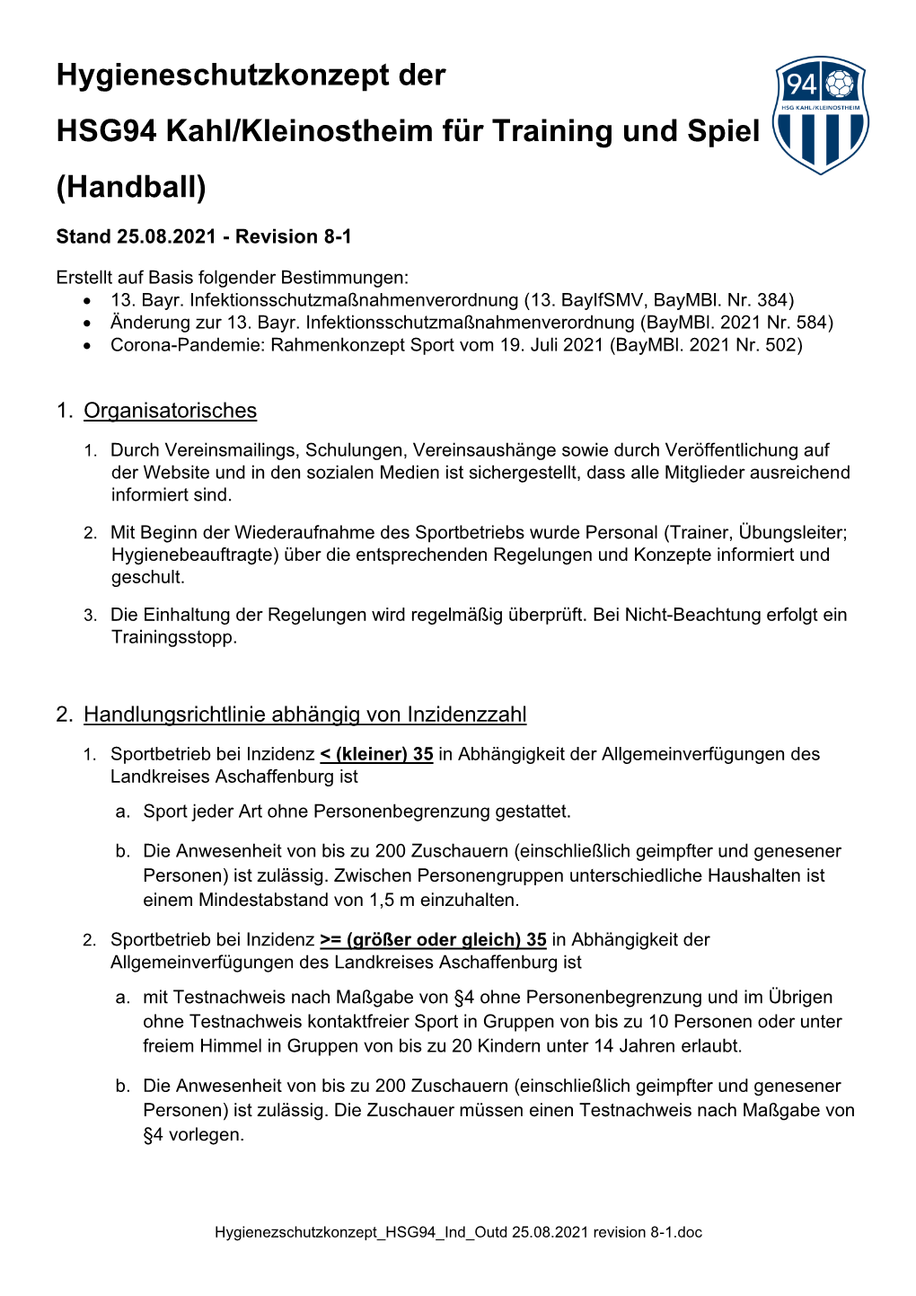 Hygieneschutzkonzept Der HSG94 Kahl/Kleinostheim Für Training Und Spiel (Handball)