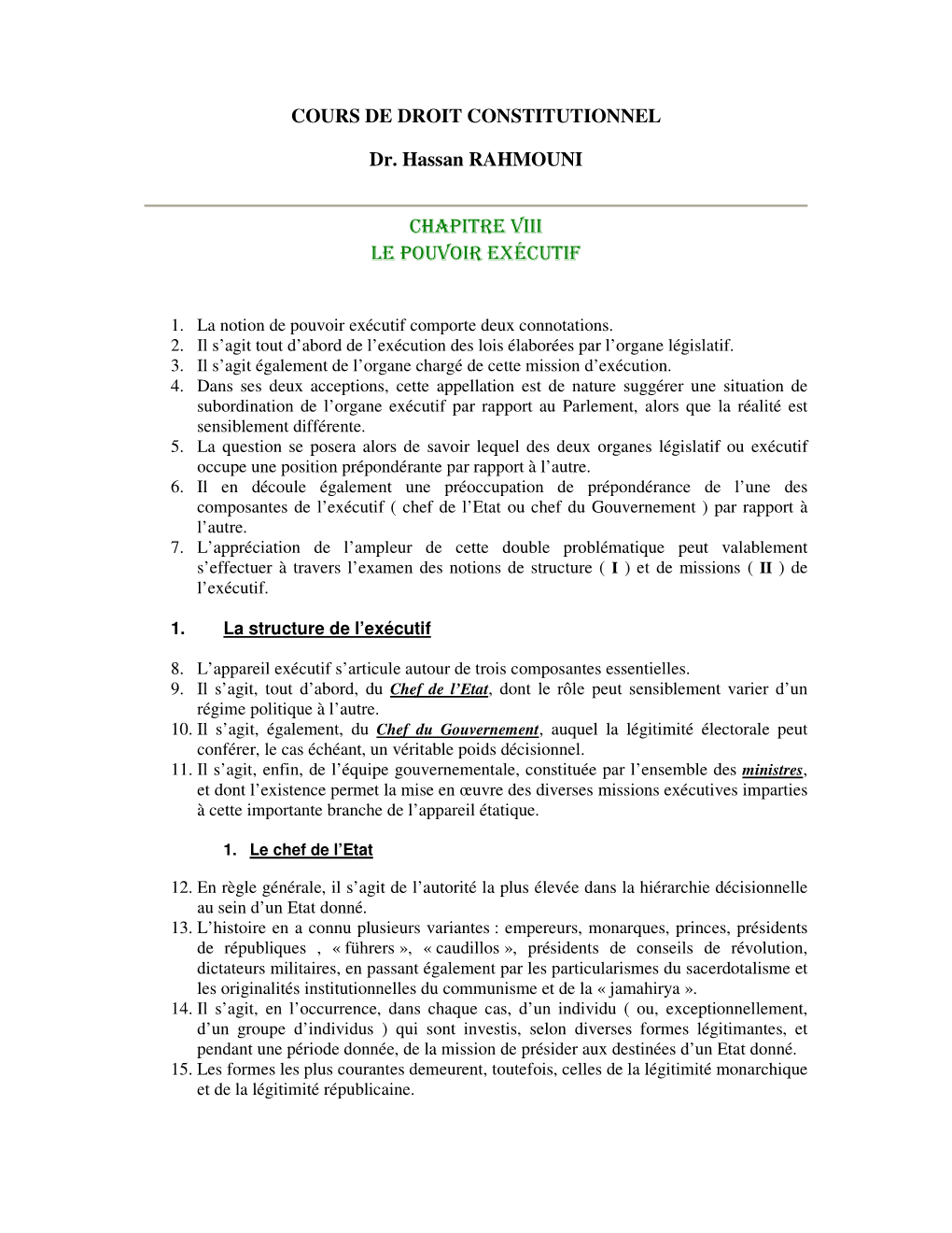 COURS DE DROIT CONSTITUTIONNEL Dr. Hassan