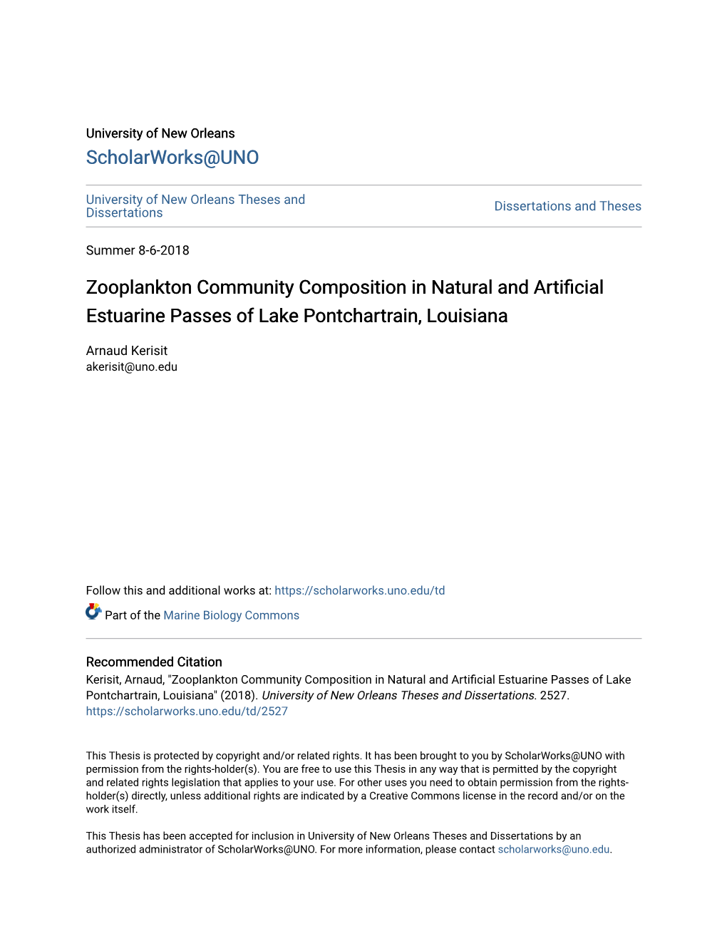 Zooplankton Community Composition in Natural and Artificial Estuarine Passes of Lake Pontchartrain, Louisiana