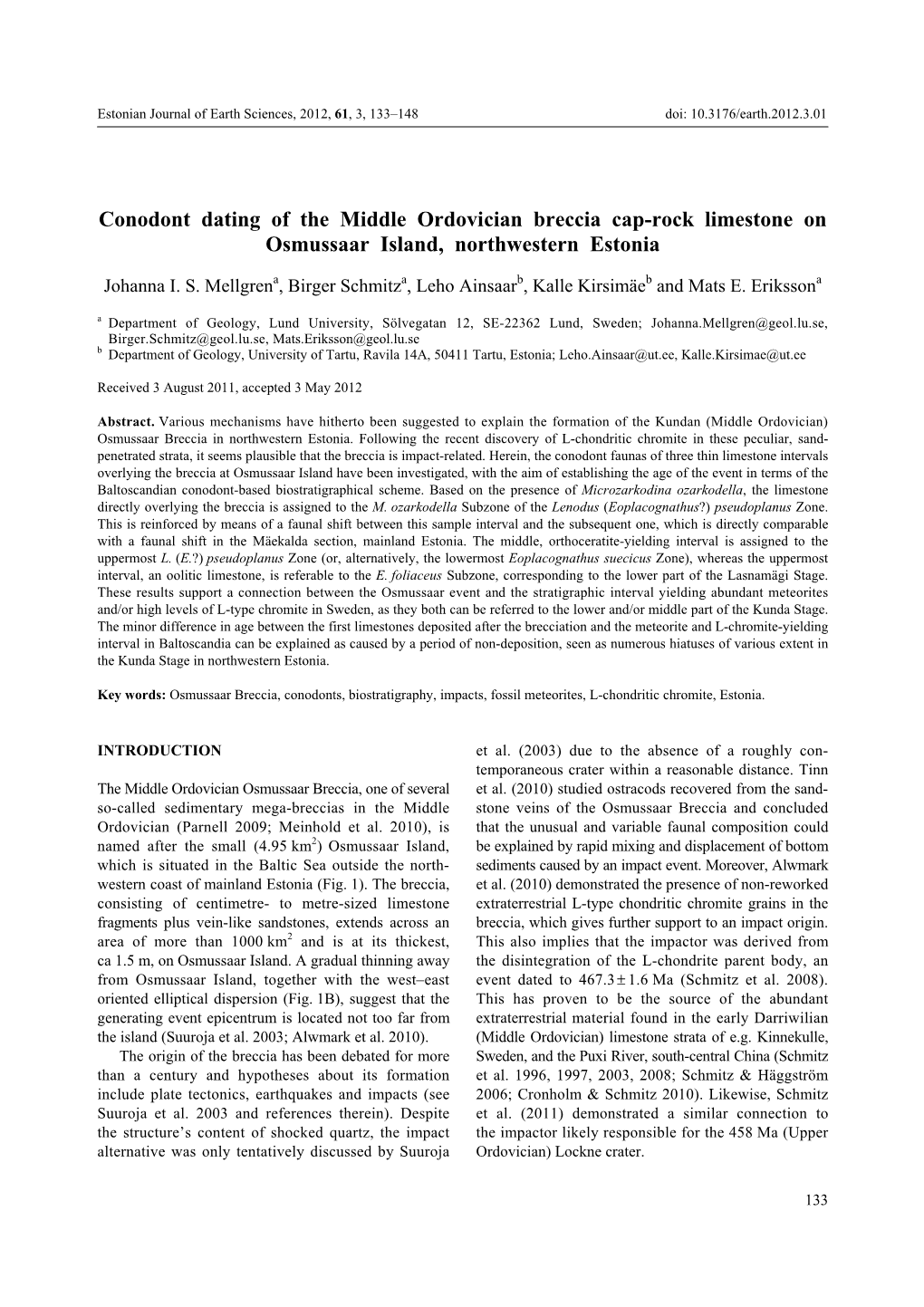 Conodont Dating of the Middle Ordovician Breccia Cap-Rock Limestone on Osmussaar Island, Northwestern Estonia