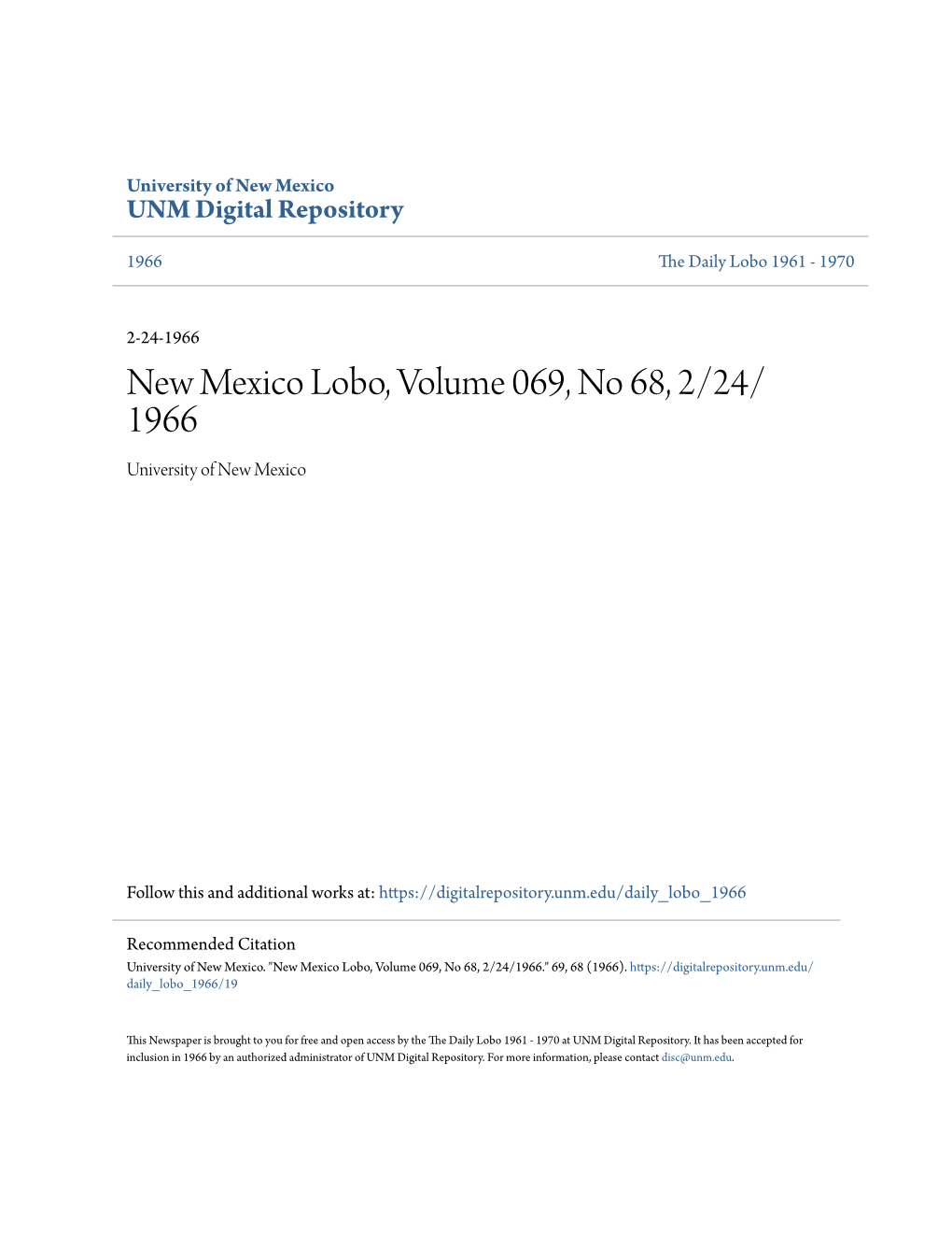 New Mexico Lobo, Volume 069, No 68, 2/24/1966." 69, 68 (1966)