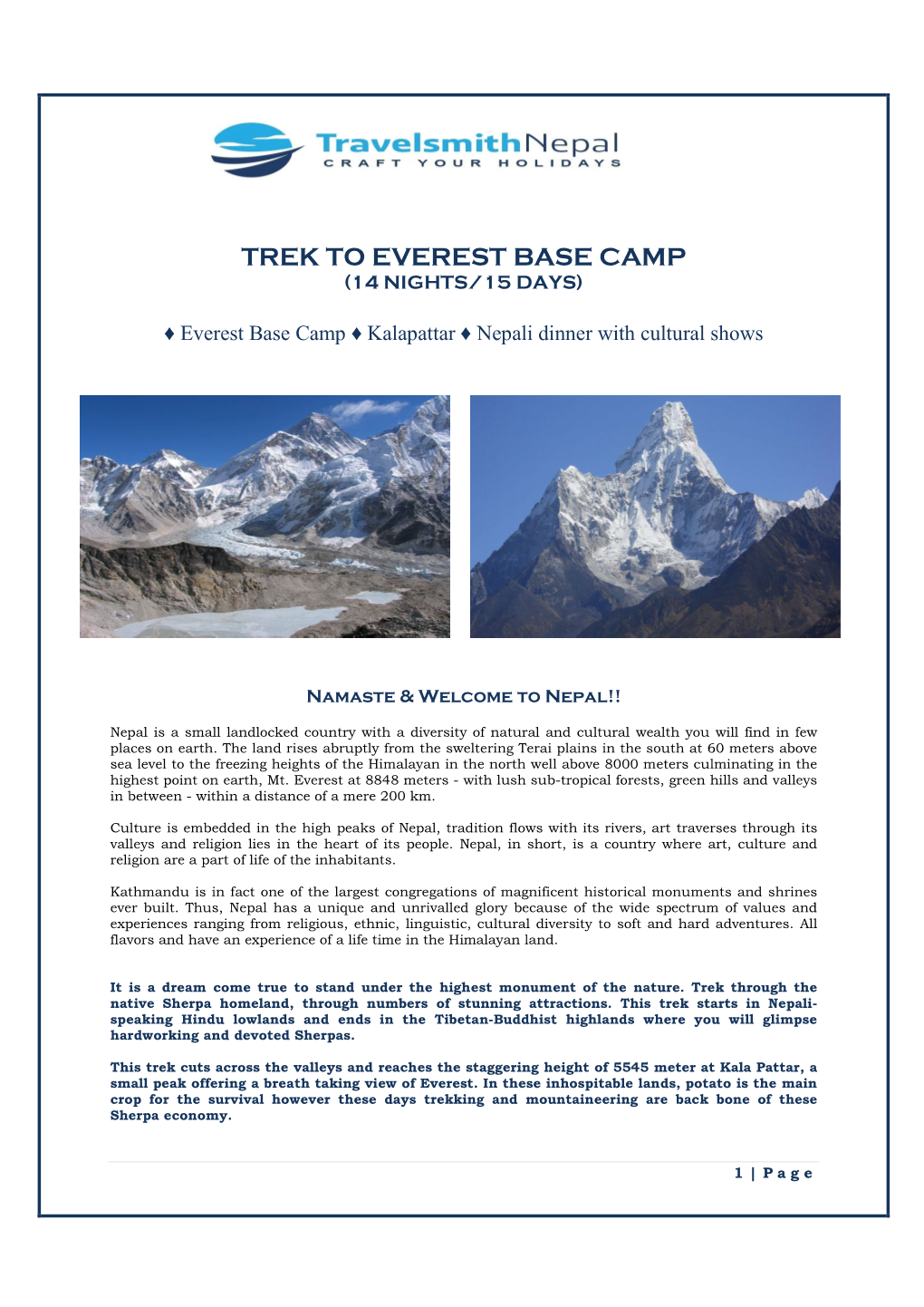 Trek to Everest Base Camp (14 Nights/15 Days)