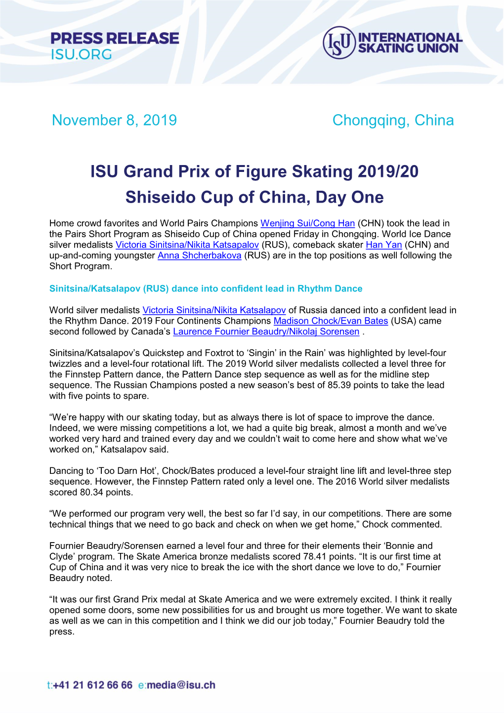 ISU Grand Prix of Figure Skating 2019/20 Shiseido Cup of China, Day One