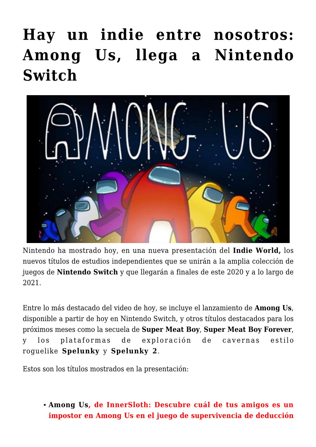 Hay Un Indie Entre Nosotros: Among Us, Llega a Nintendo Switch