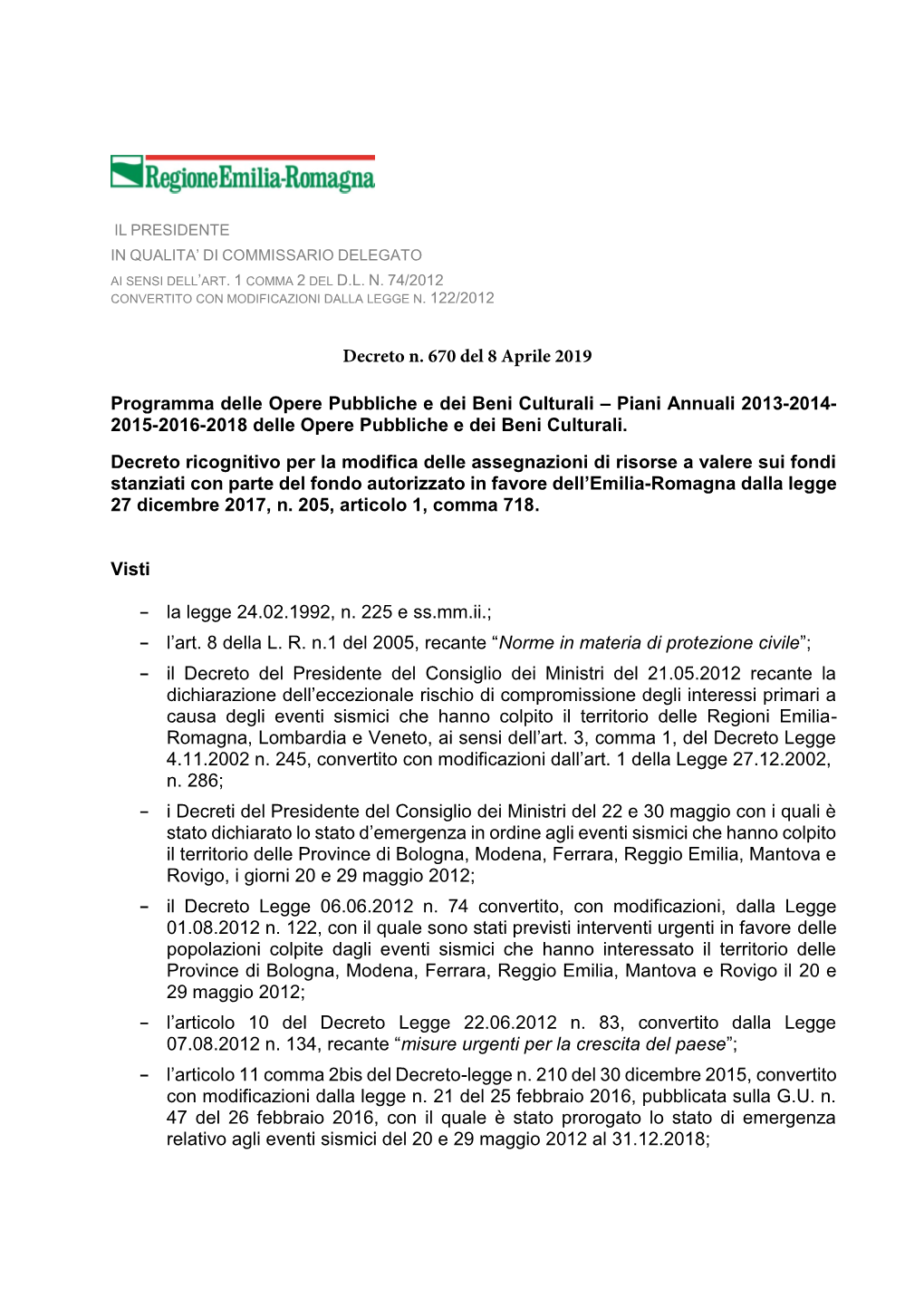 Decreto N. 670 Del 8 Aprile 2019 Programma Delle Opere Pubbliche