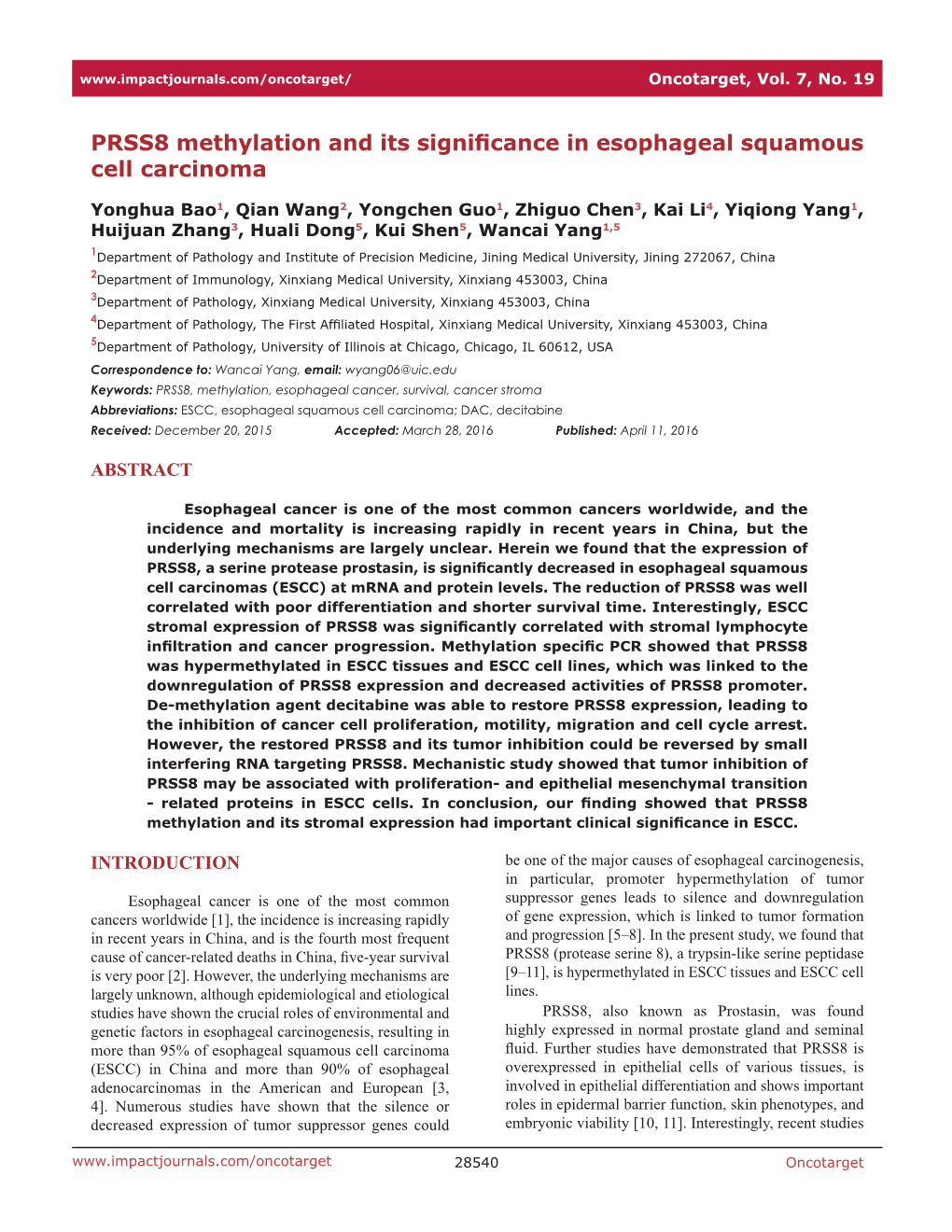 PRSS8 Methylation and Its Significance in Esophageal Squamous Cell Carcinoma