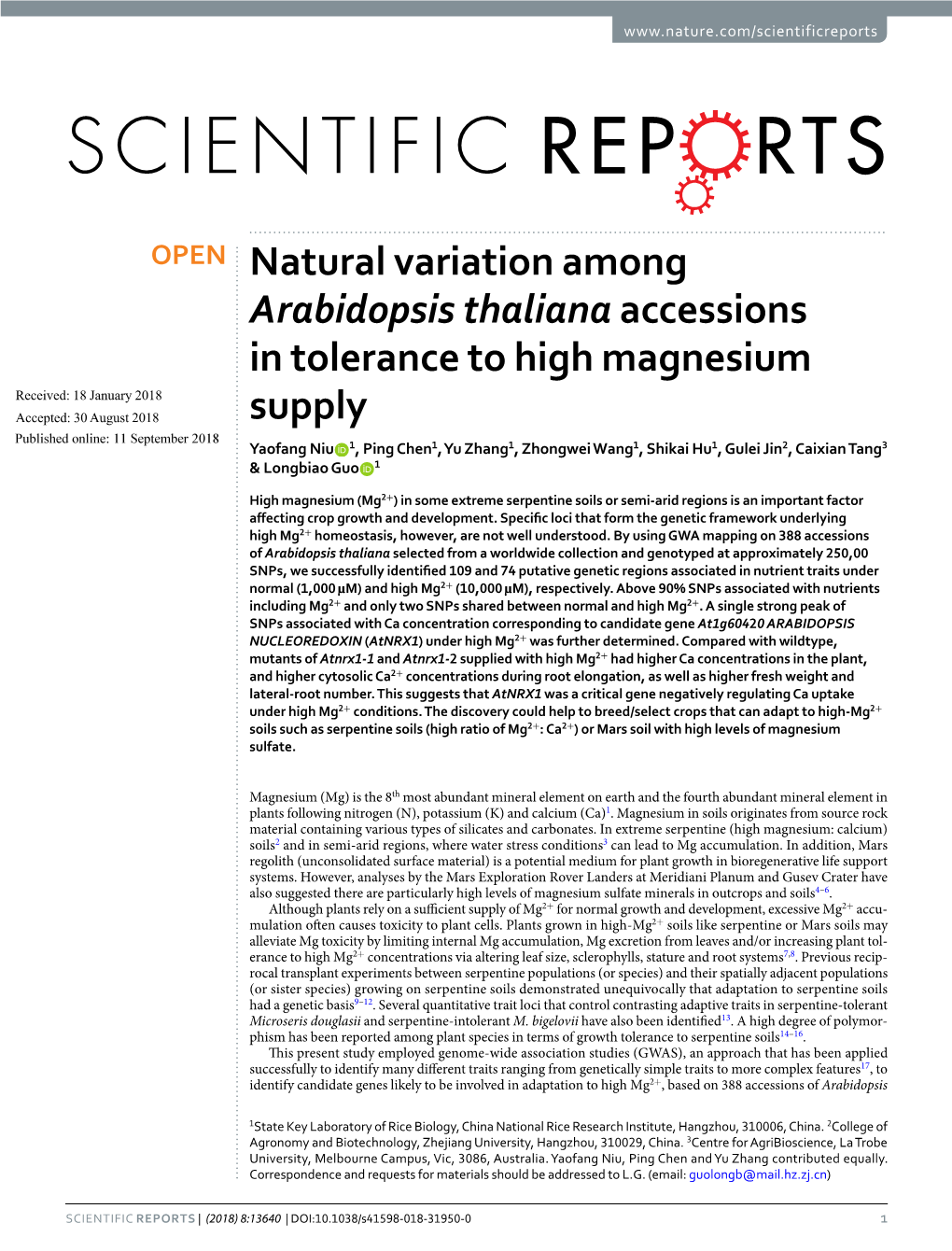 Natural Variation Among Arabidopsis Thaliana Accessions in Tolerance To