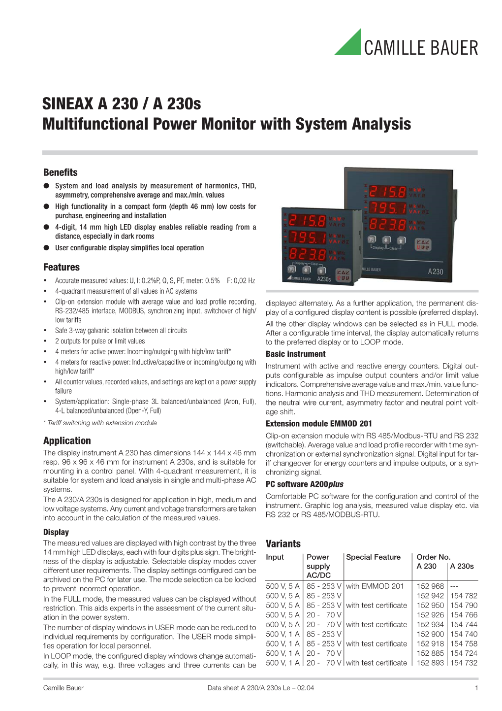 SINEAX a 230 / a 230S Multifunctional Power Monitor with System Analysis