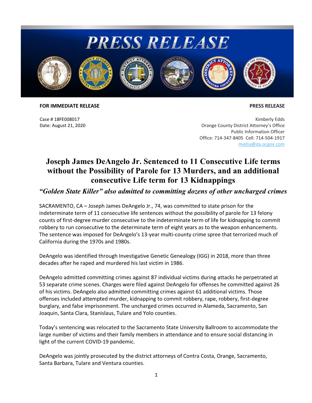 Press Release: Sentencing, People Vs. Joseph James Deangelo