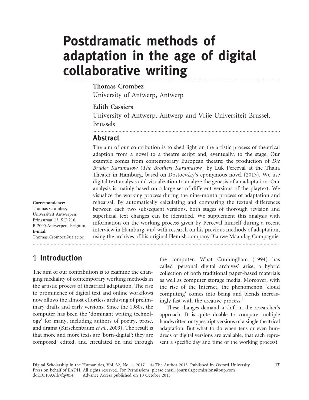 Postdramatic Methods of Adaptation in the Age of Digital Collaborative Writing