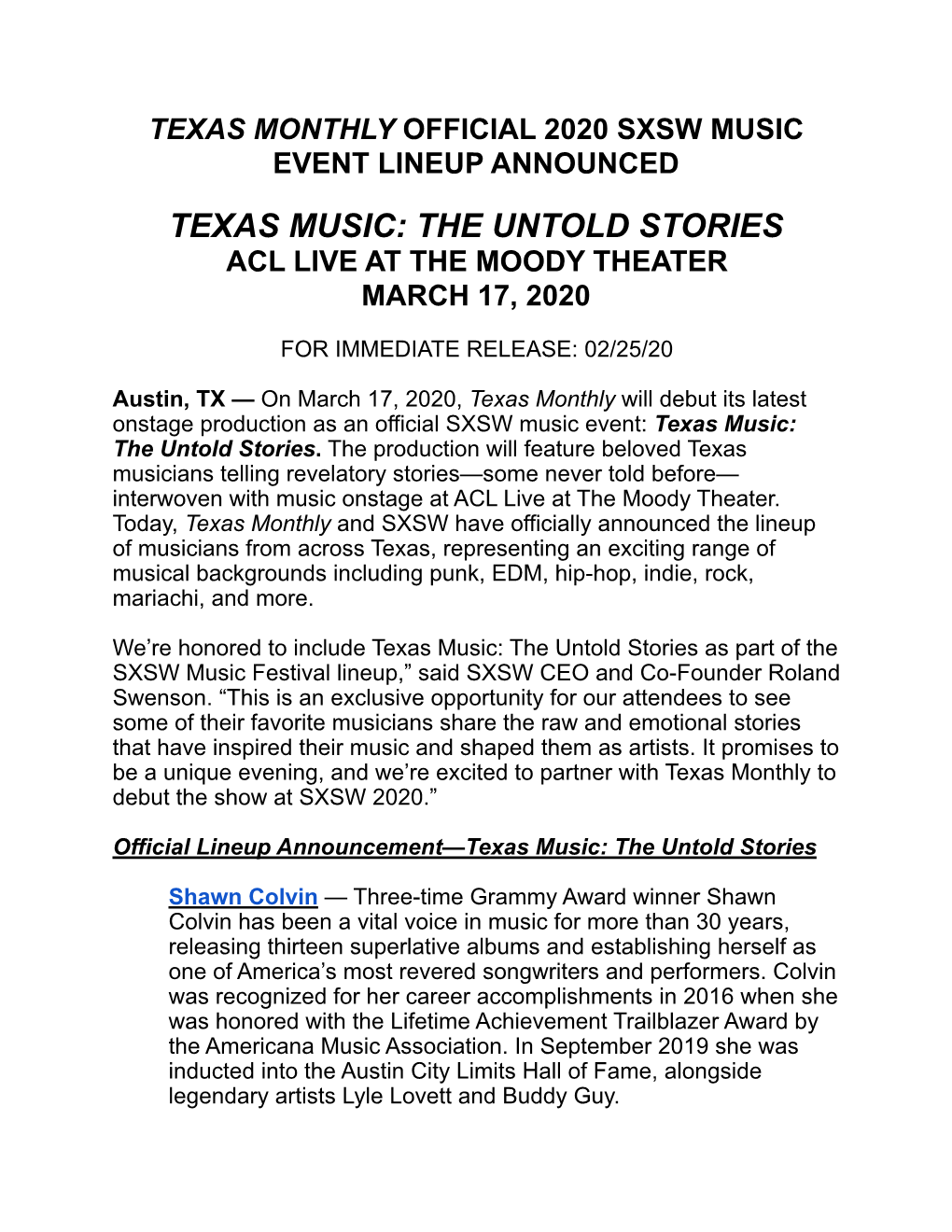 Texas Monthly Official 2020 Sxsw Music Event Lineup Announced