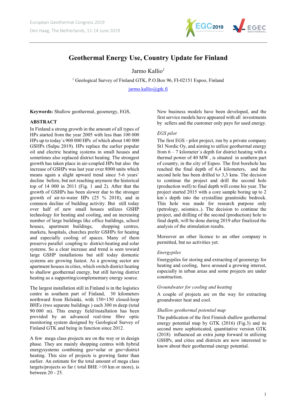 Geothermal Energy Use, Country Update for Finland