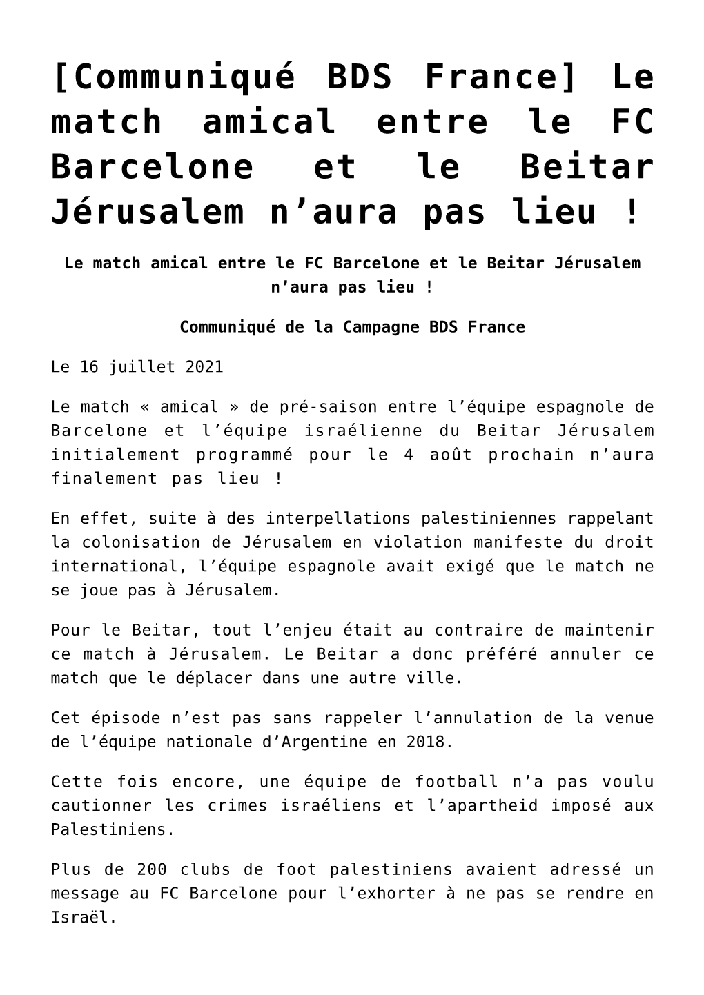 Le Match Amical Entre Le FC Barcelone Et Le Beitar Jérusalem N’Aura Pas Lieu !