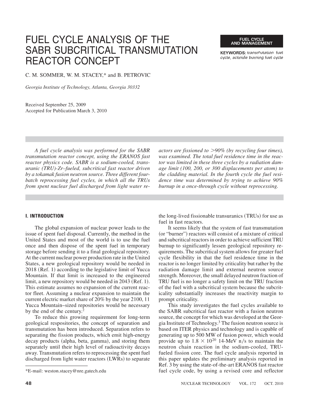 Fuel Cycle Analysis of the SABR Subcritical Transmutation Reactor