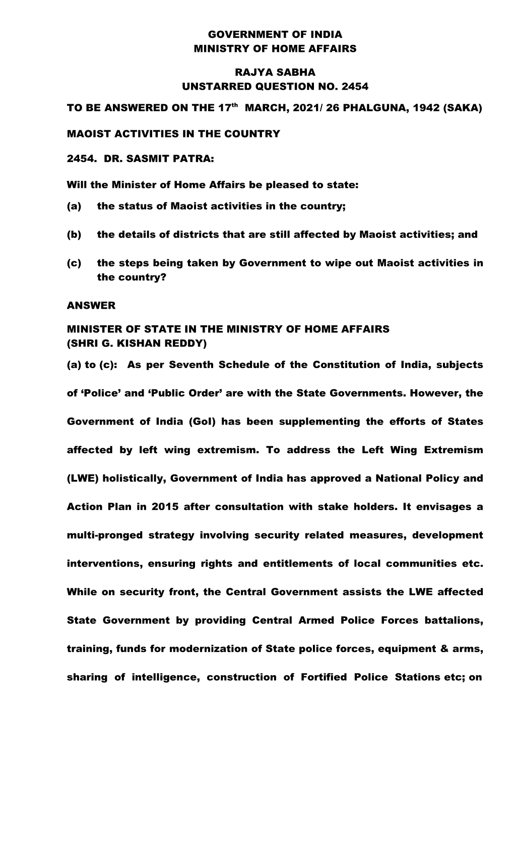 Government of India Ministry of Home Affairs