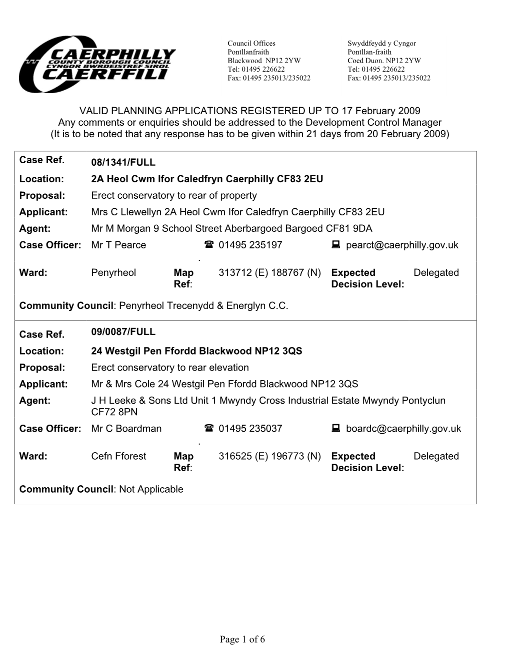 Page 1 of 6 VALID PLANNING APPLICATIONS REGISTERED UP