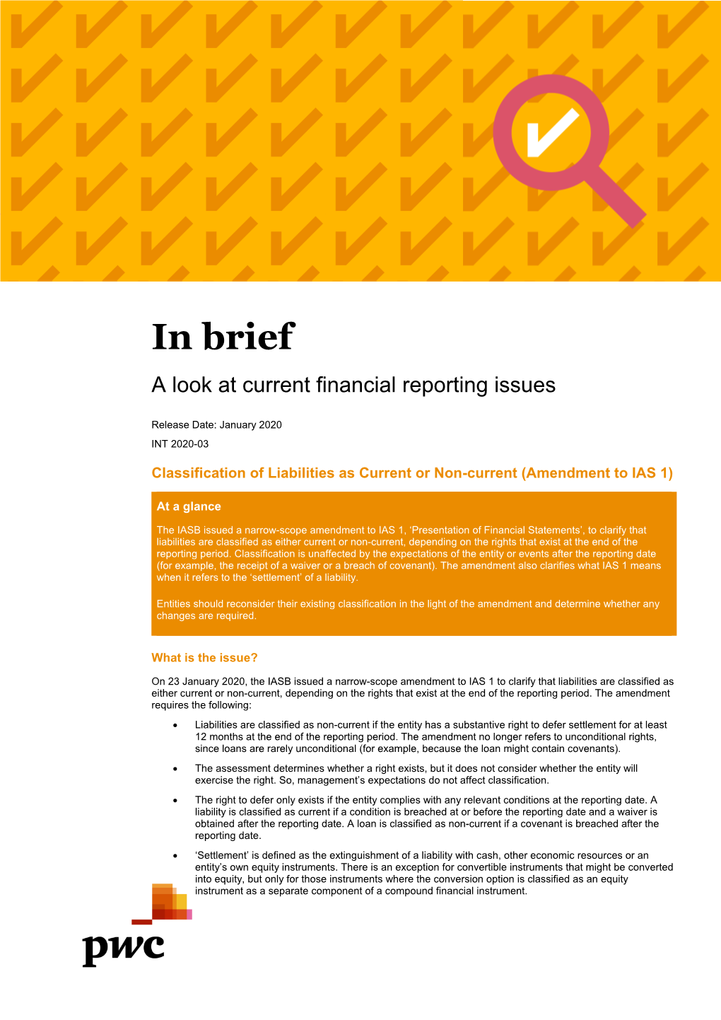 Classification of Liabilities As Current Or Non-Current: Pwc in Brief