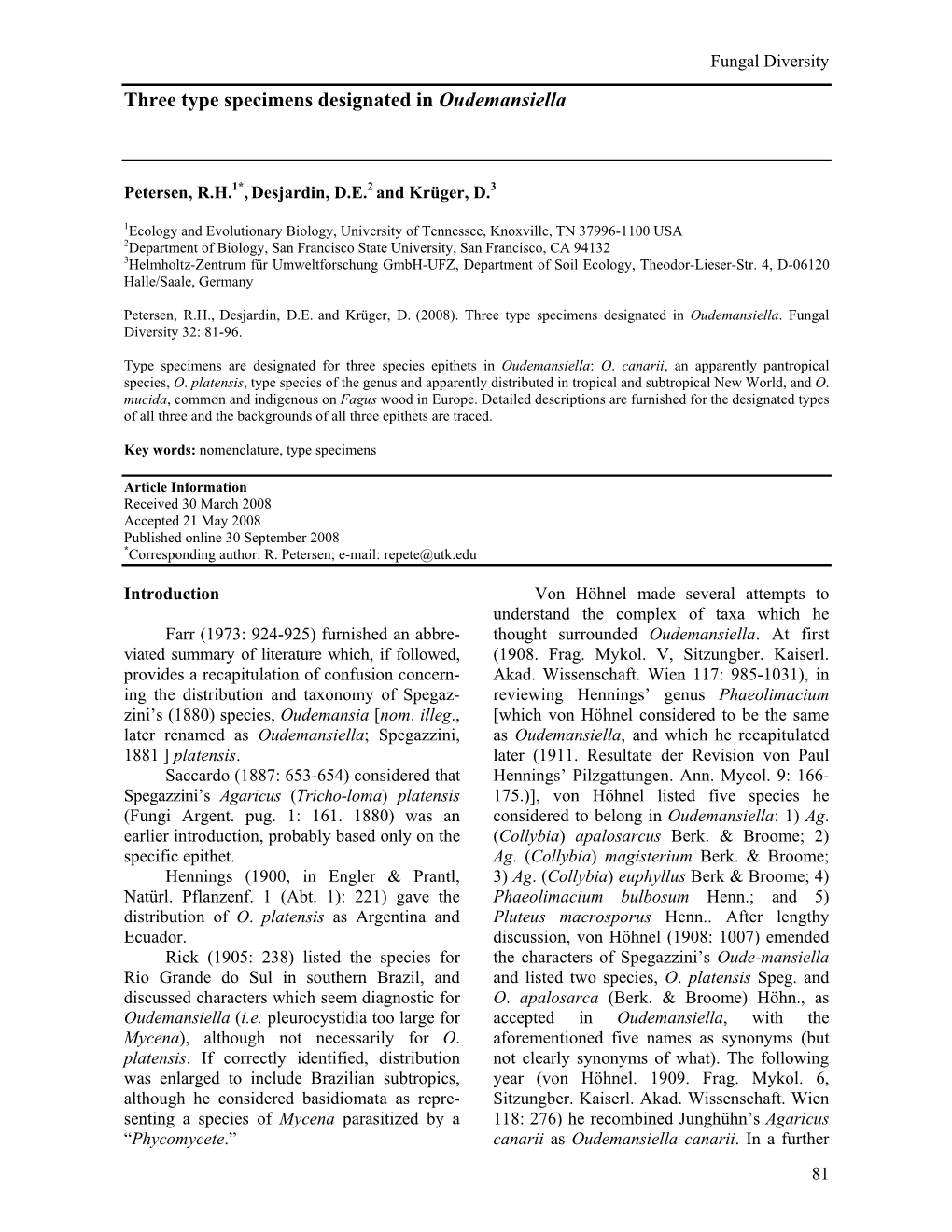 Three Type Specimens Designated in Oudemansiella