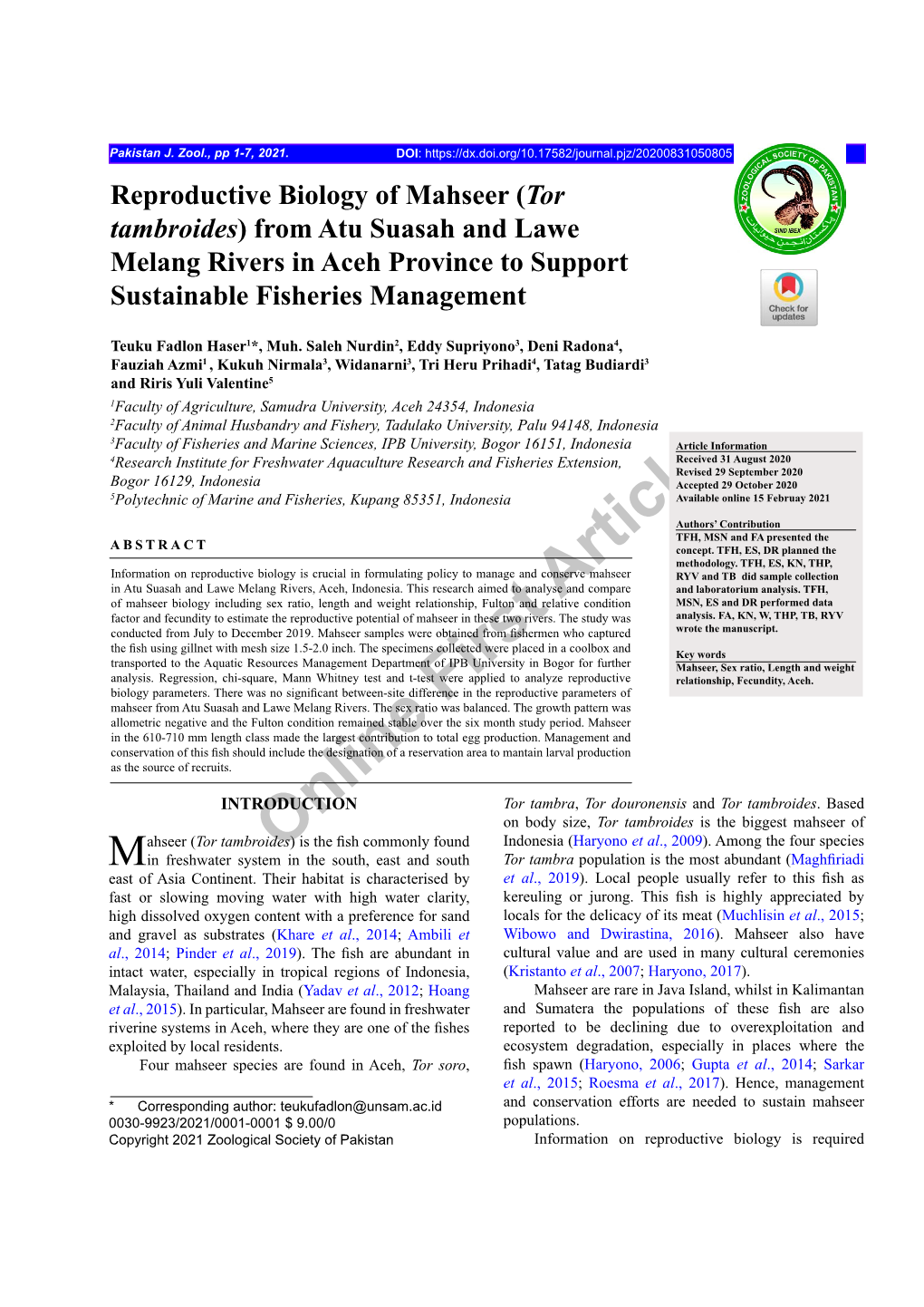 Reproductive Biology of Mahseer (Tor Tambroides) from Atu Suasah and Lawe Melang Rivers in Aceh Province to Support Sustainable Fisheries Management
