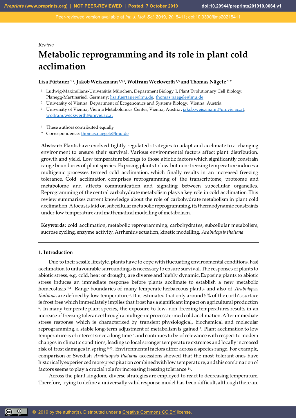 Metabolic Reprogramming and Its Role in Plant Cold Acclimation