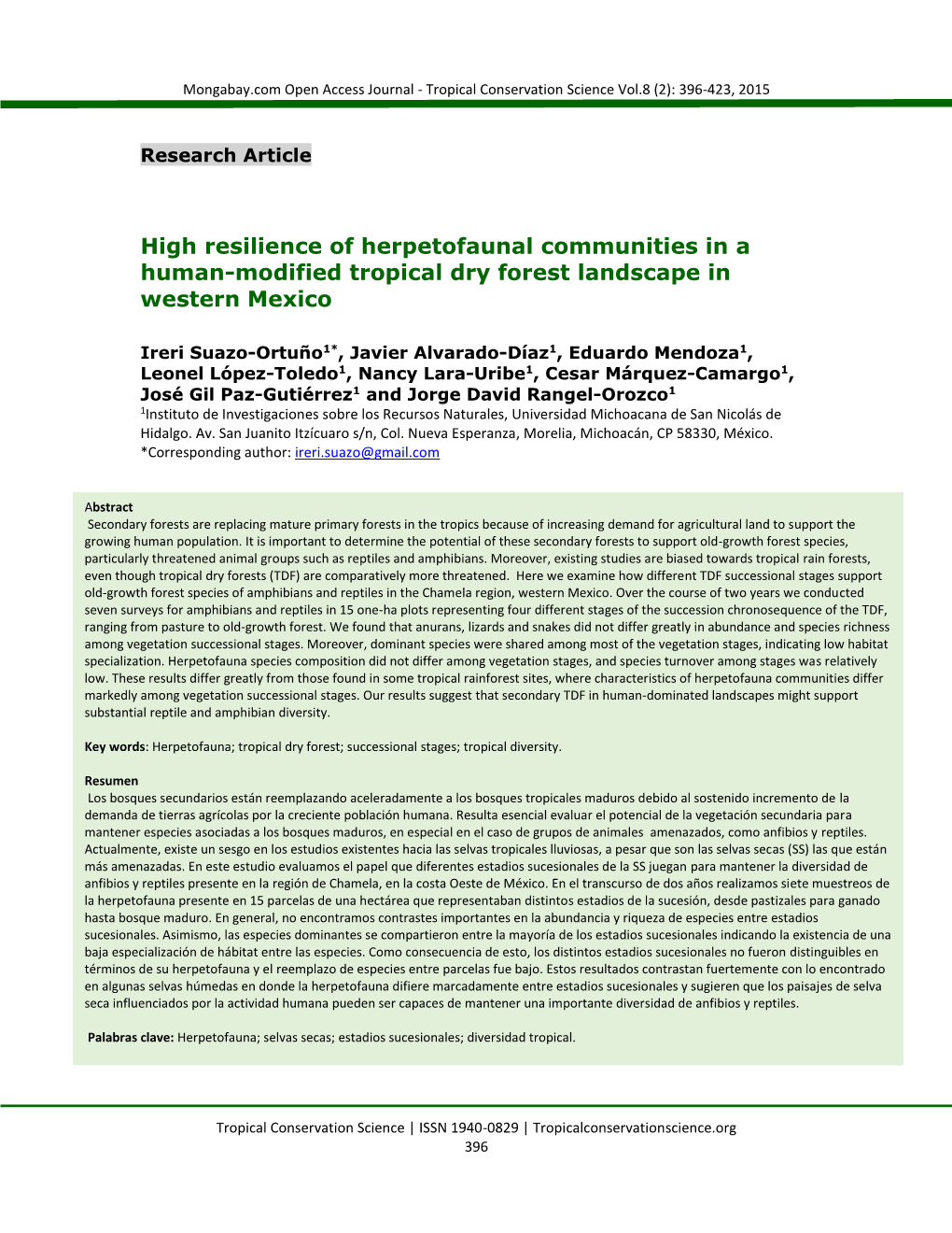 High Resilience of Herpetofaunal Communities in a Human-Modified Tropical Dry Forest Landscape in Western Mexico