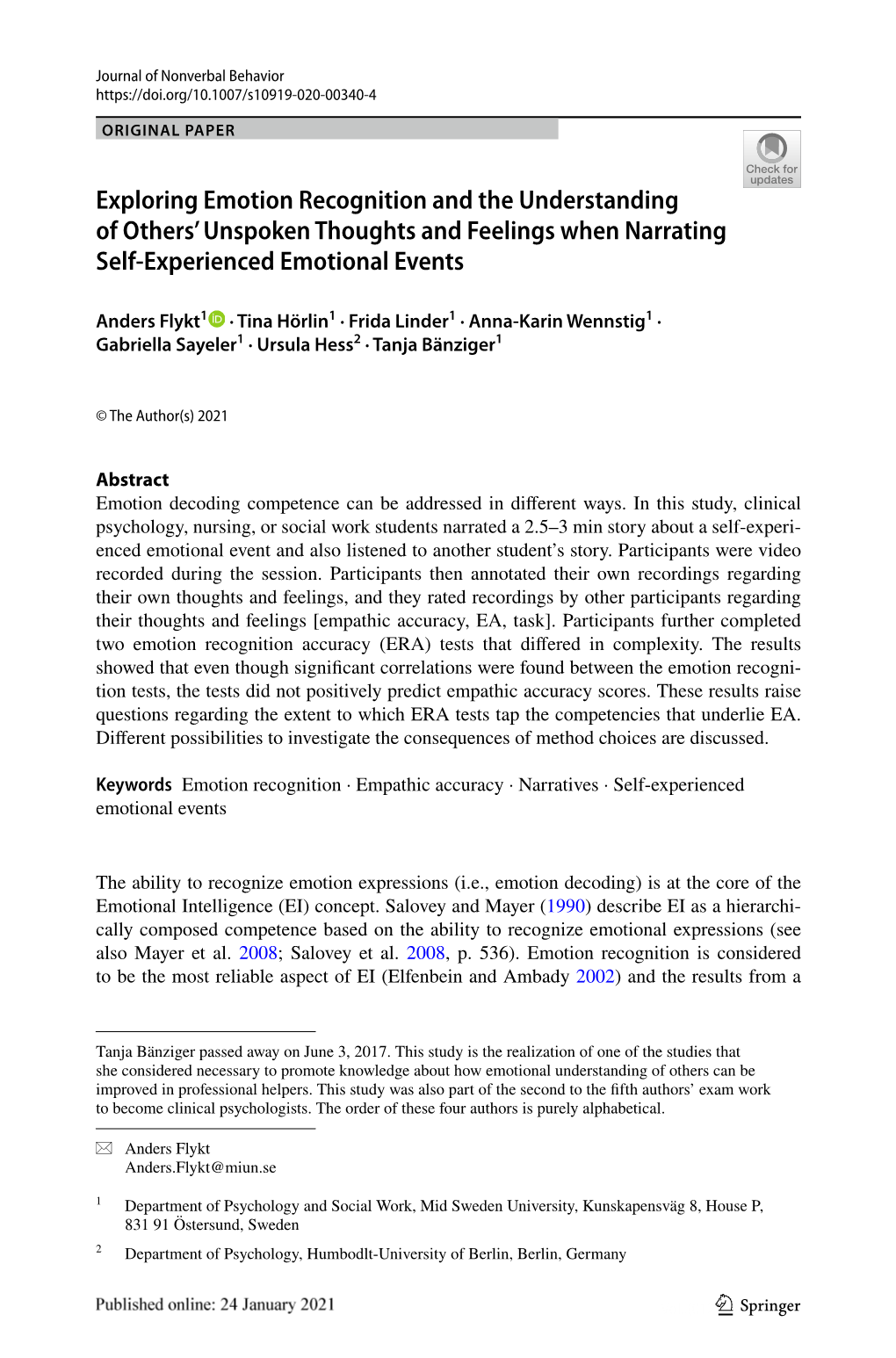 Exploring Emotion Recognition and the Understanding of Others' Unspoken Thoughts and Feelings When Narrating Self-Experienced