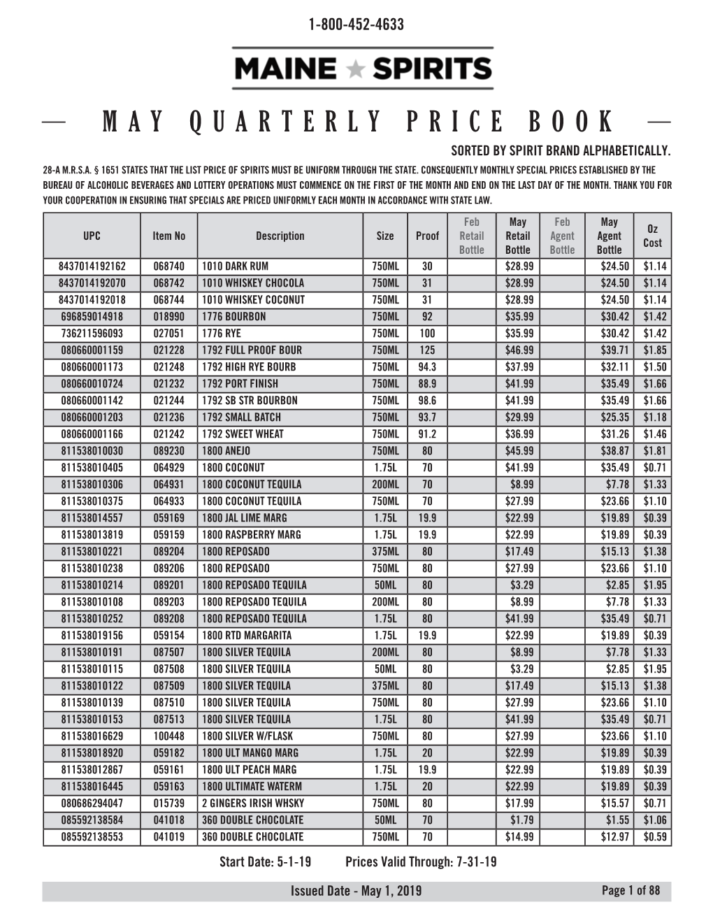May Quarterly Price Book Sorted by Spirit Brand Alphabetically