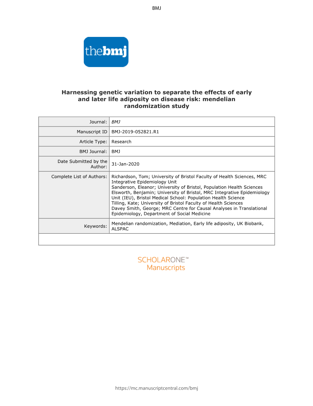 Confidential: for Review Only Harnessing Genetic Variation to Separate the Effects of Early and Later Life Adiposity on Disease Risk: Mendelian Randomization Study