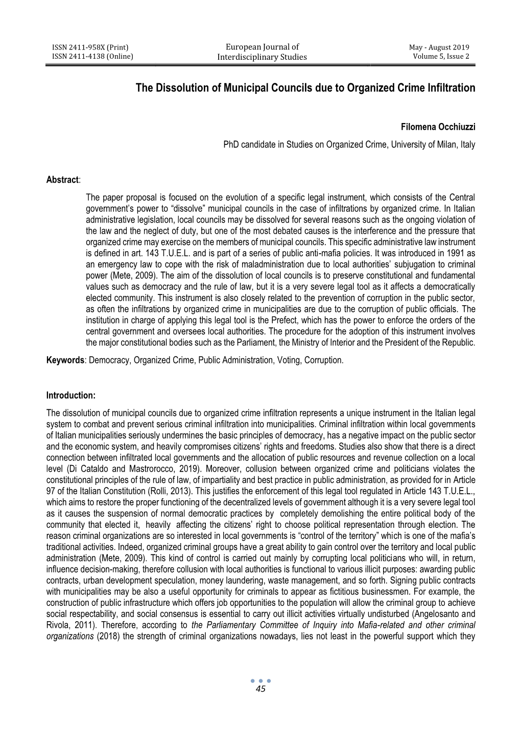 The Dissolution of Municipal Councils Due to Organized Crime Infiltration