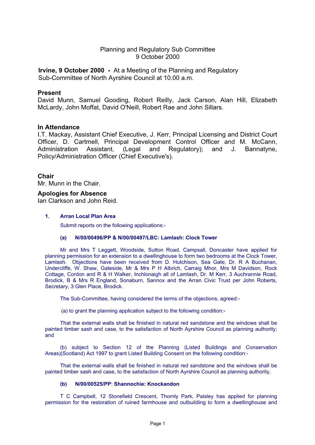 Planning and Regulatory Sub Committee 9 October 2000